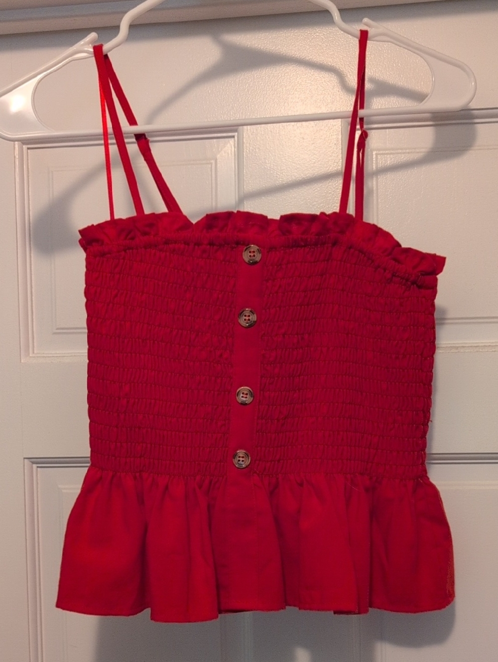 Red Smocked Button-Front Cropped Tank Top